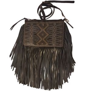 Black Gold Silver Stud Faux Leather Fringe Large CrossBody Messenger Bag Purse